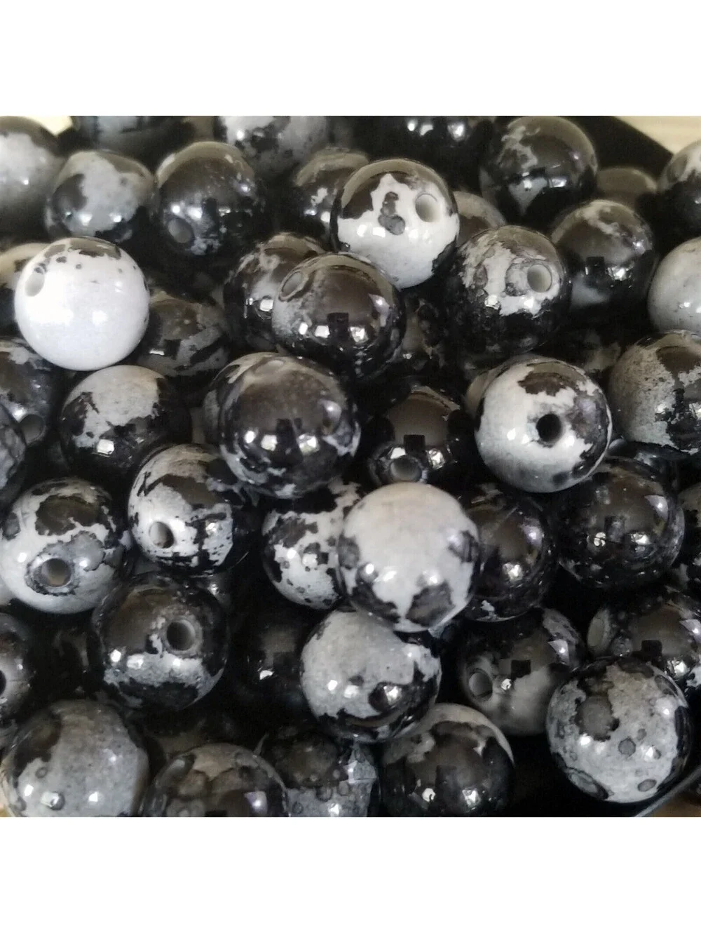 Black Grey Abstract Cow Animal Print 12mm Round Retro Acrylic Art Beads 10 pcs